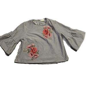 Love J Vintage striped embroidered flowers coastal grandma bell sleeved Top